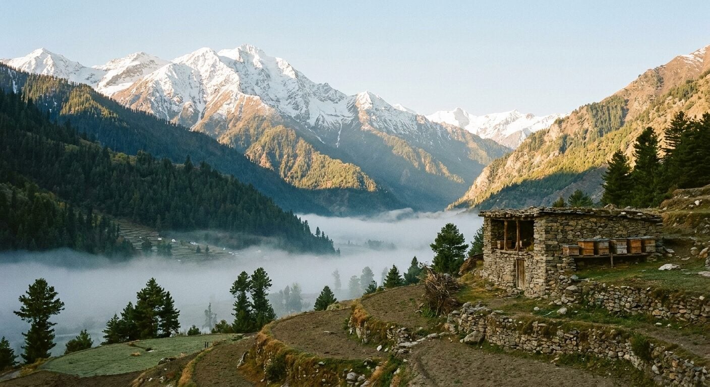 The Chitral valley beneath Hindu Kush ridgelines at first light