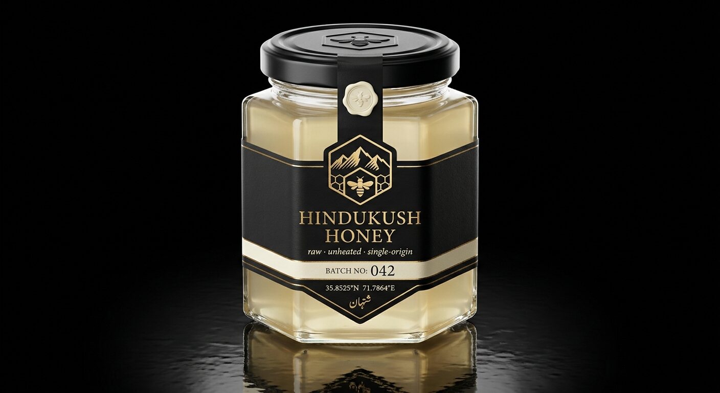 Acacia — hexagonal jar of Hindukush Honey, black label with gold foil