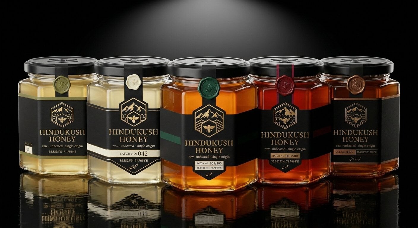 The full Hindukush Honey lineup — five hexagonal jars, one per valley, black labels with gold foil