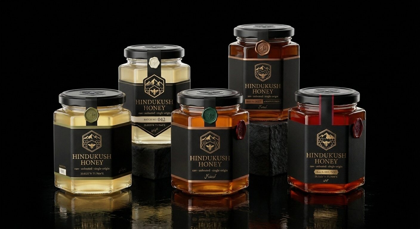 The five varieties of Hindukush Honey in a staggered studio arrangement