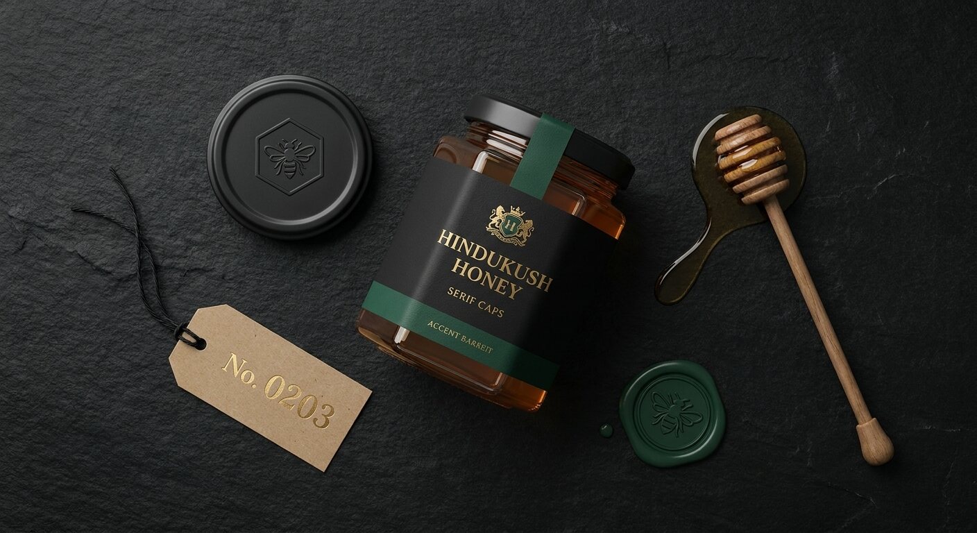 Flat lay of Hindukush Honey jars with packaging