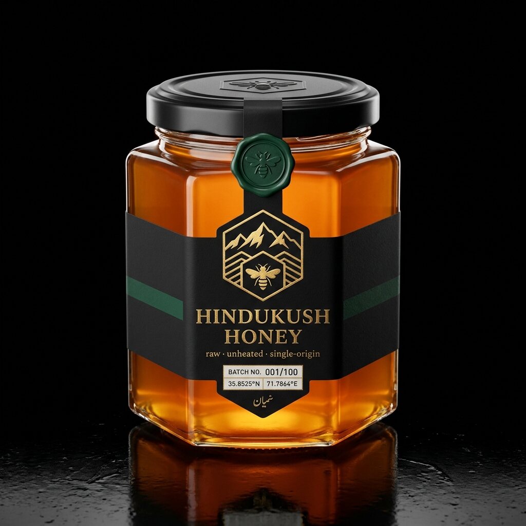 Sanaf — hexagonal jar of Hindukush Honey, black label with gold foil