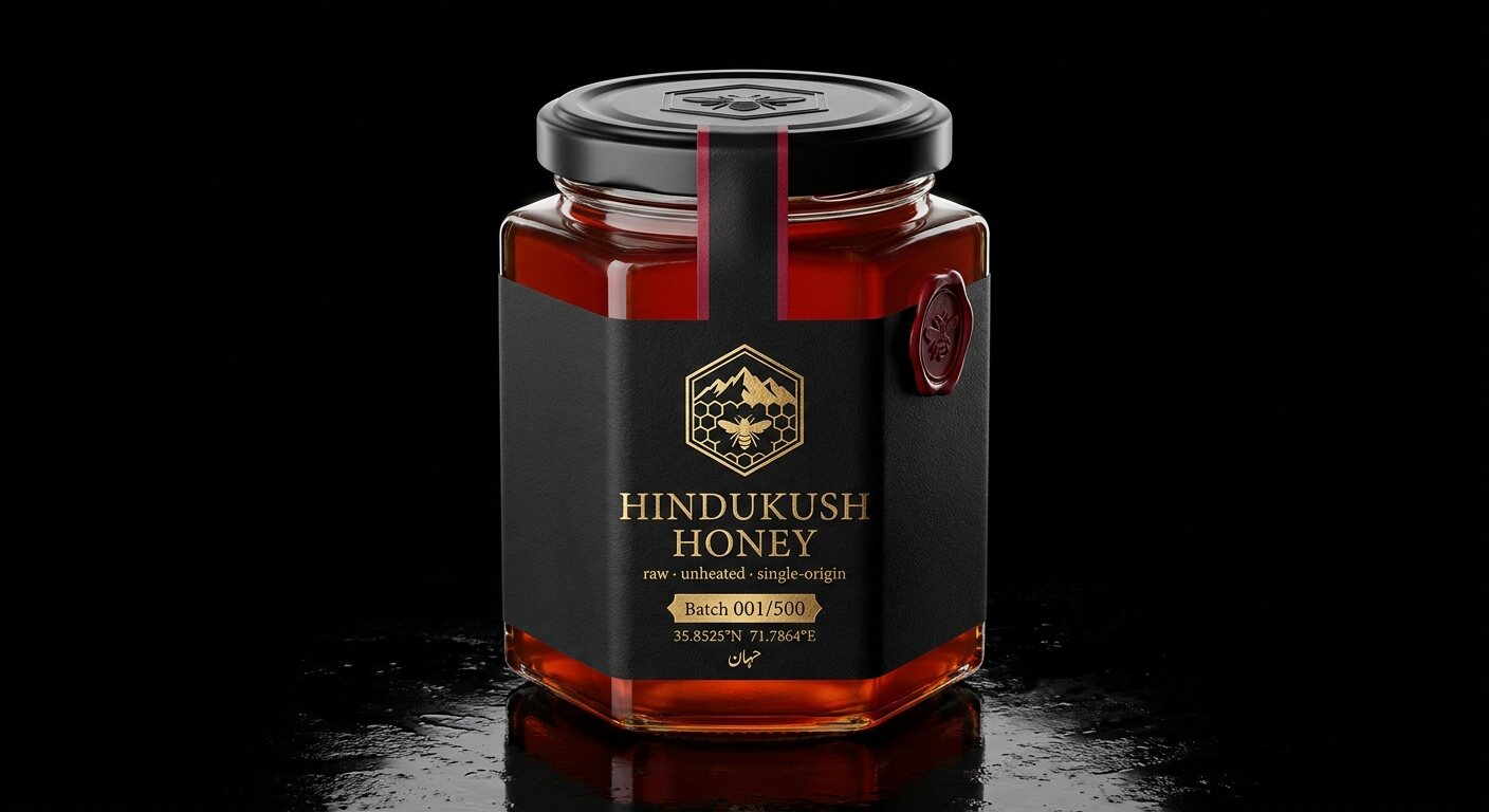 Tumberi — hexagonal jar of Hindukush Honey, black label with gold foil