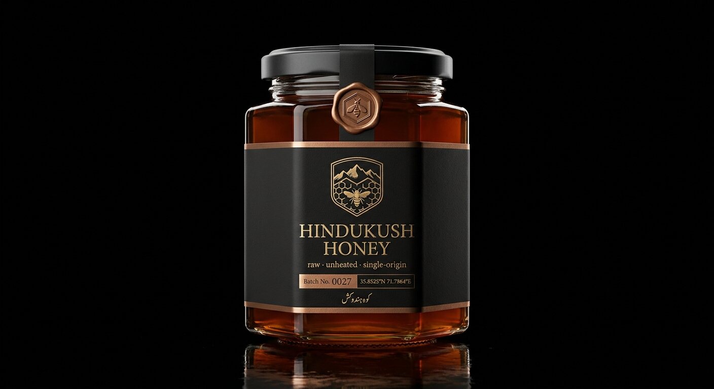 Wild Berry — hexagonal jar of Hindukush Honey, black label with gold foil